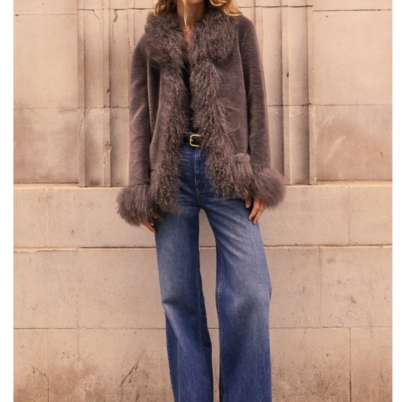 Charlotte Simone Olive 70’s Grey Mongolian Trim Jacket - Picture 2 of 6